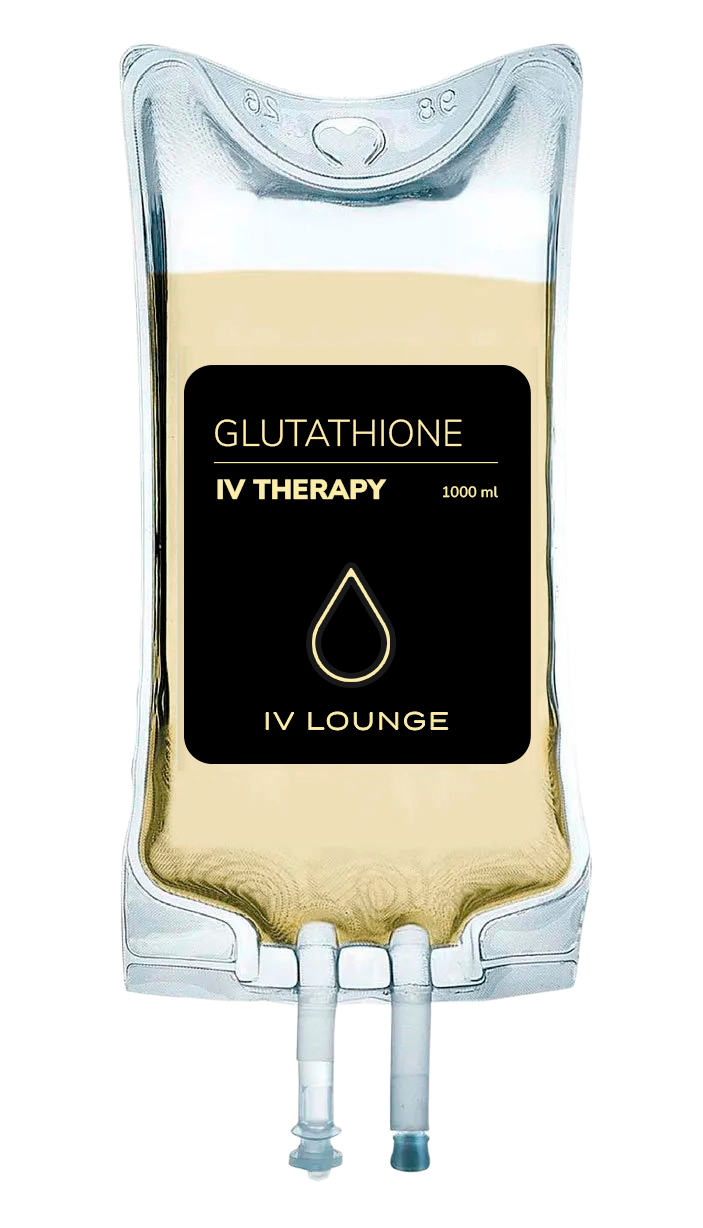 IV infusion bag with hydration solution, labeled "Glutathione IV Therapy".
