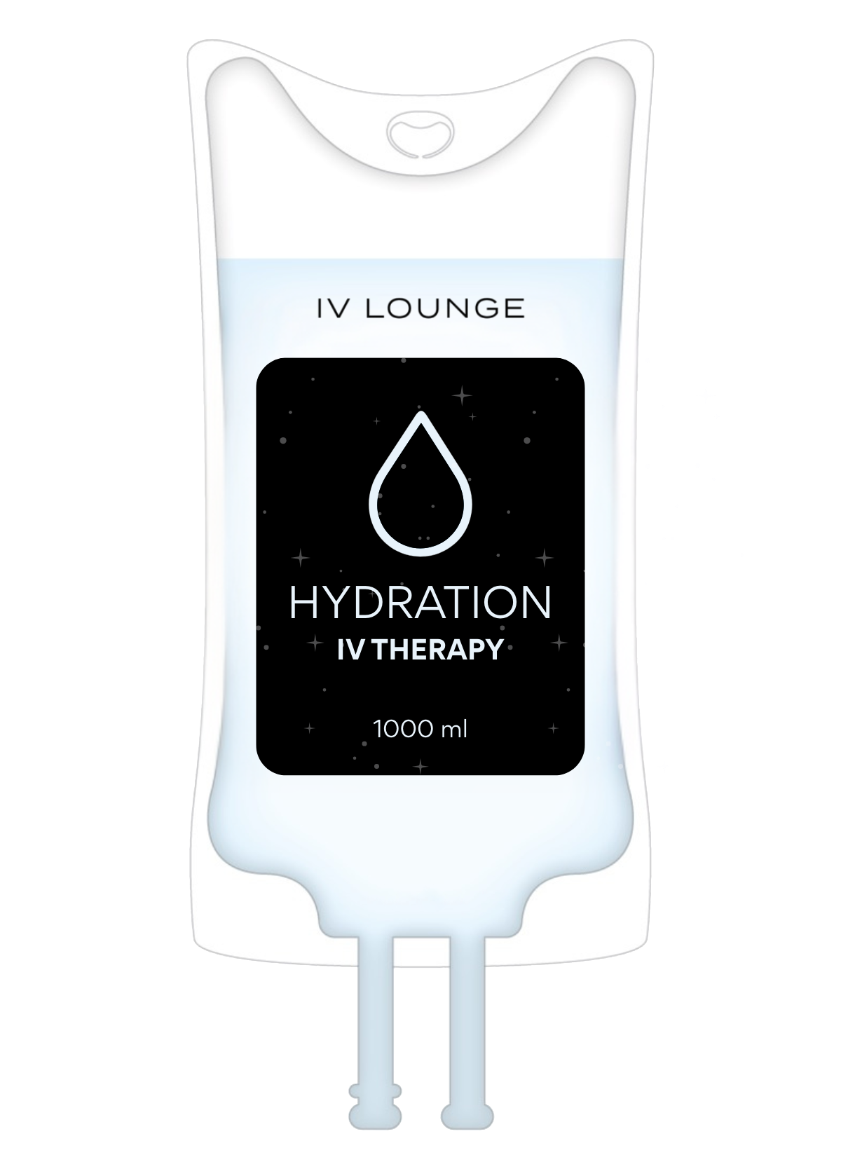 IV infusion bag with hydration solution, labeled "Hydration IV Therapy".