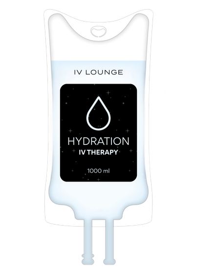 IV infusion bag with hydration solution, labeled "Hydration IV Therapy".