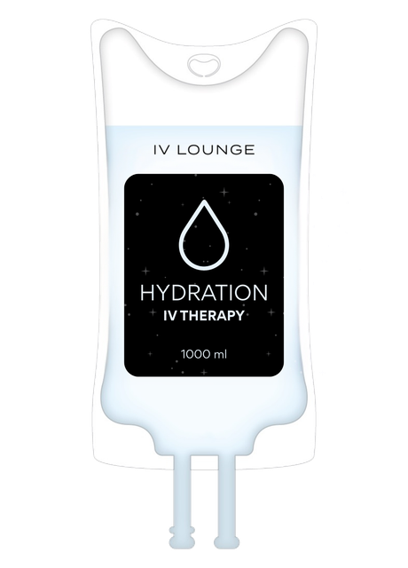 IV infusion bag with hydration solution, labeled "Hydration IV Therapy".