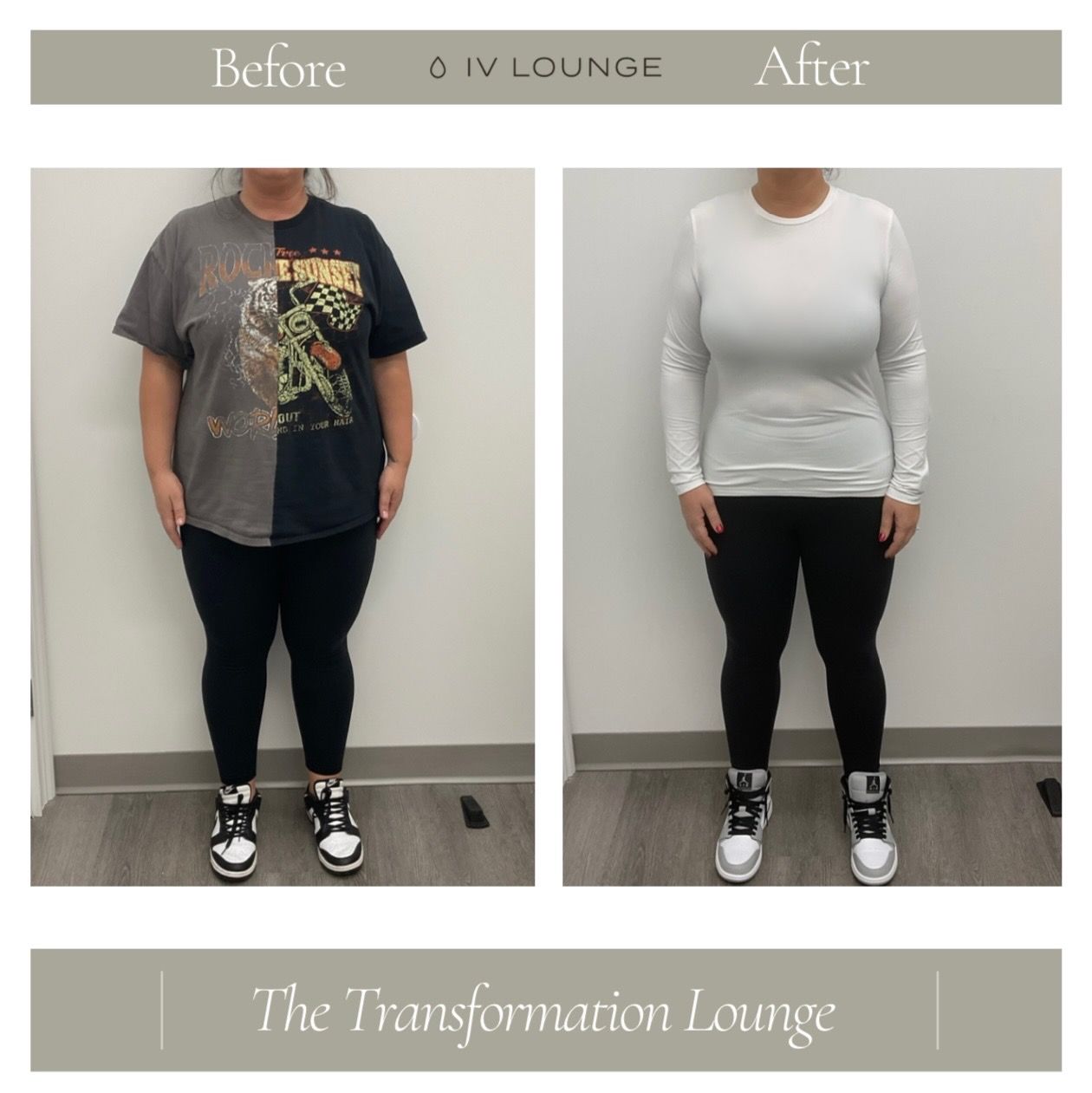 A before and after photo of a woman wearing a t-shirt and leggings.