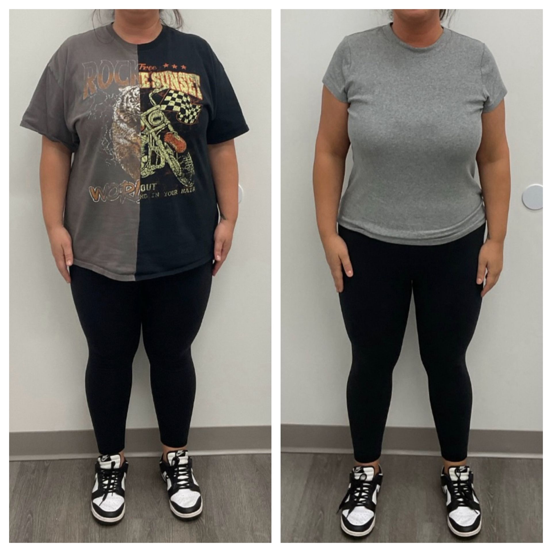 Woman in black leggings and sneakers, before and after a weight loss.