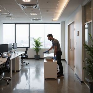 Man cleaning an office desk, wearing gloves, in a modern office with large windows and plants.
