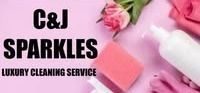 C&J Sparkles logo with cleaning supplies: sponge, spray bottle, and pink flowers.