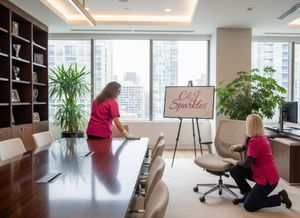 Man cleaning an office desk, wearing gloves, in a modern office with large windows and plants.