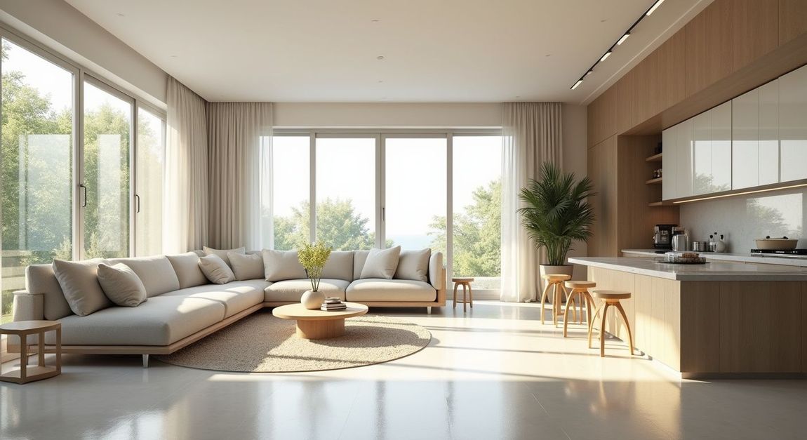 Spacious, modern living room with large windows, beige sectional sofa, and light wood accents.