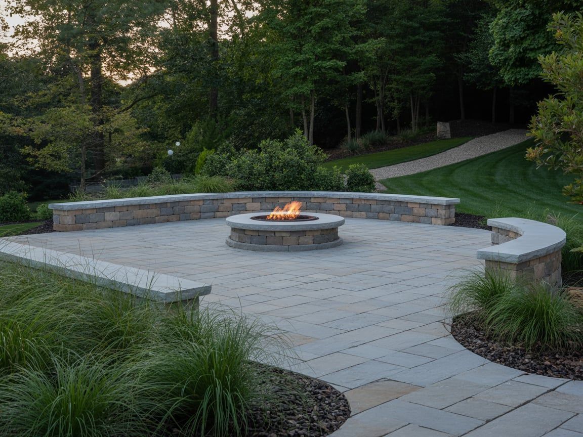 Fire pit on stone patio with curved retaining wall, grass and trees in background.