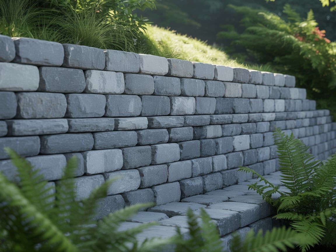 Stone retaining wall with graduated steps in a garden setting.