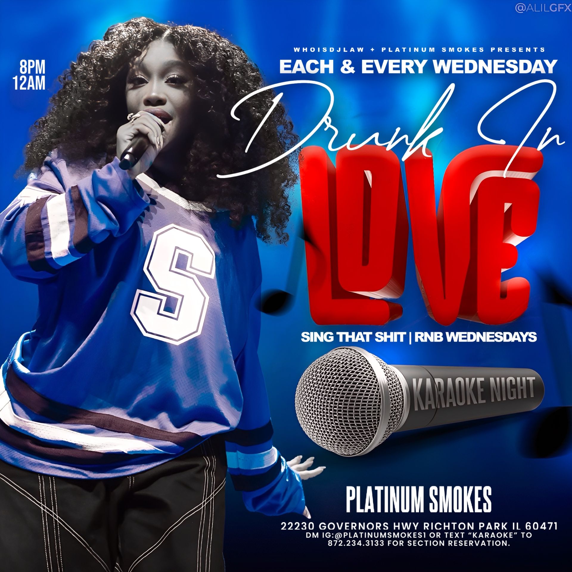 A poster for a karaoke night with a woman singing into a microphone