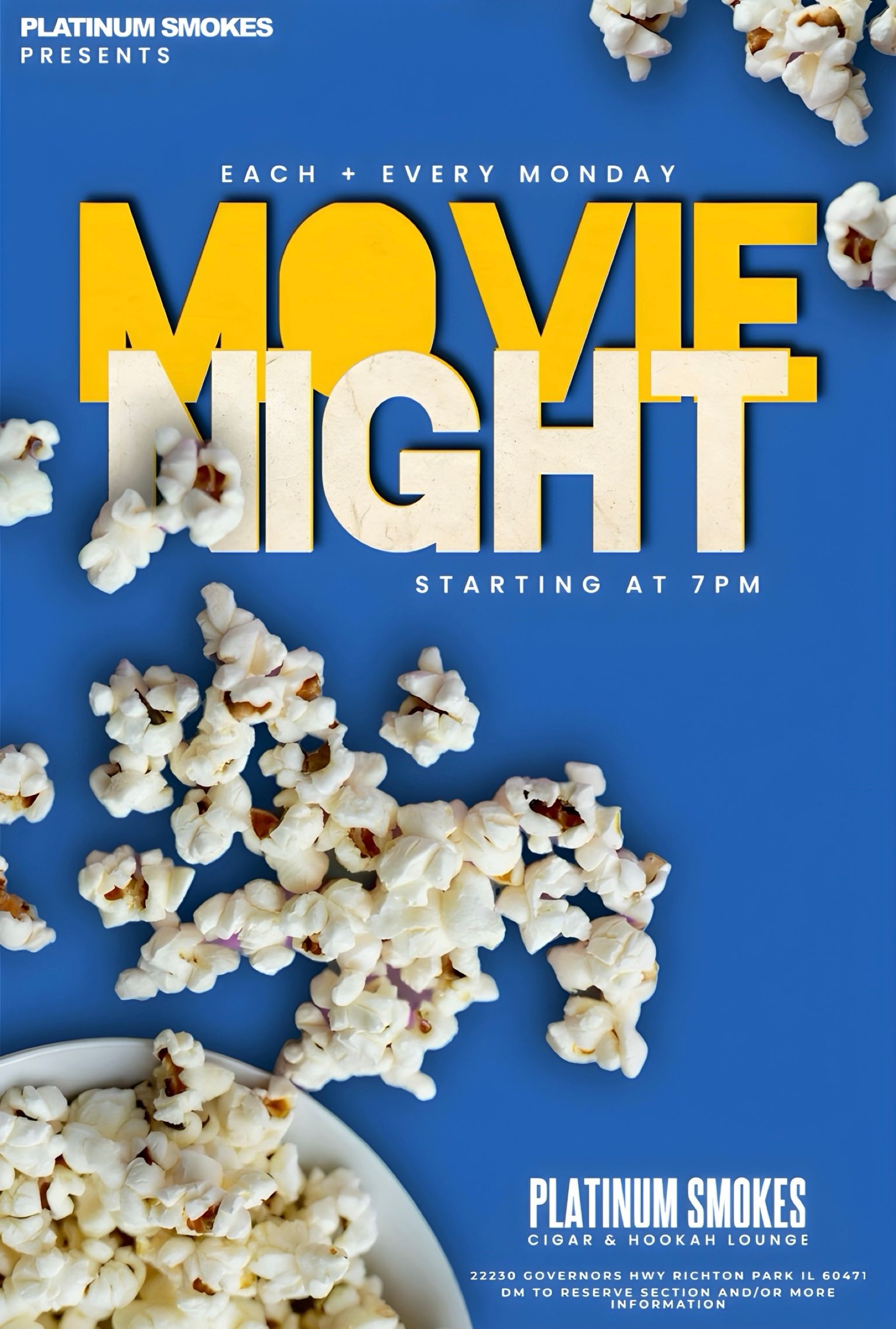 A poster for a movie night with popcorn on a blue background