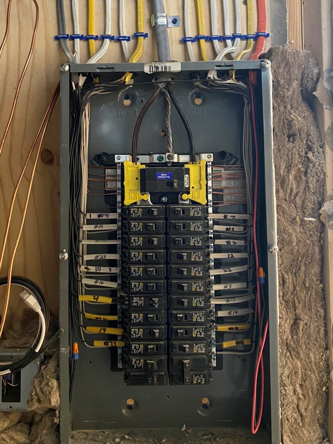 Electric panel with multiple circuit breakers, wiring, and conduit against a wall.