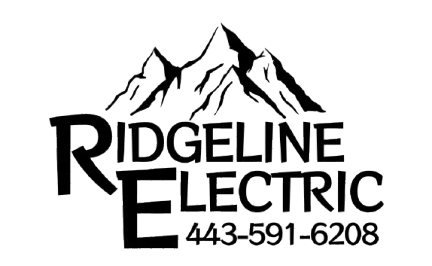 Black and white logo: "Ridgeline Electric" with mountain range and phone number.