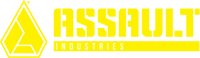 The logo for assault industries is yellow and black.