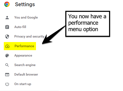 Chrome settings performance option