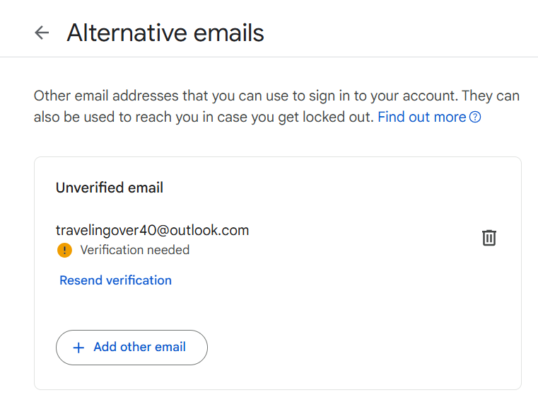 Google alternative email awaiting verification.