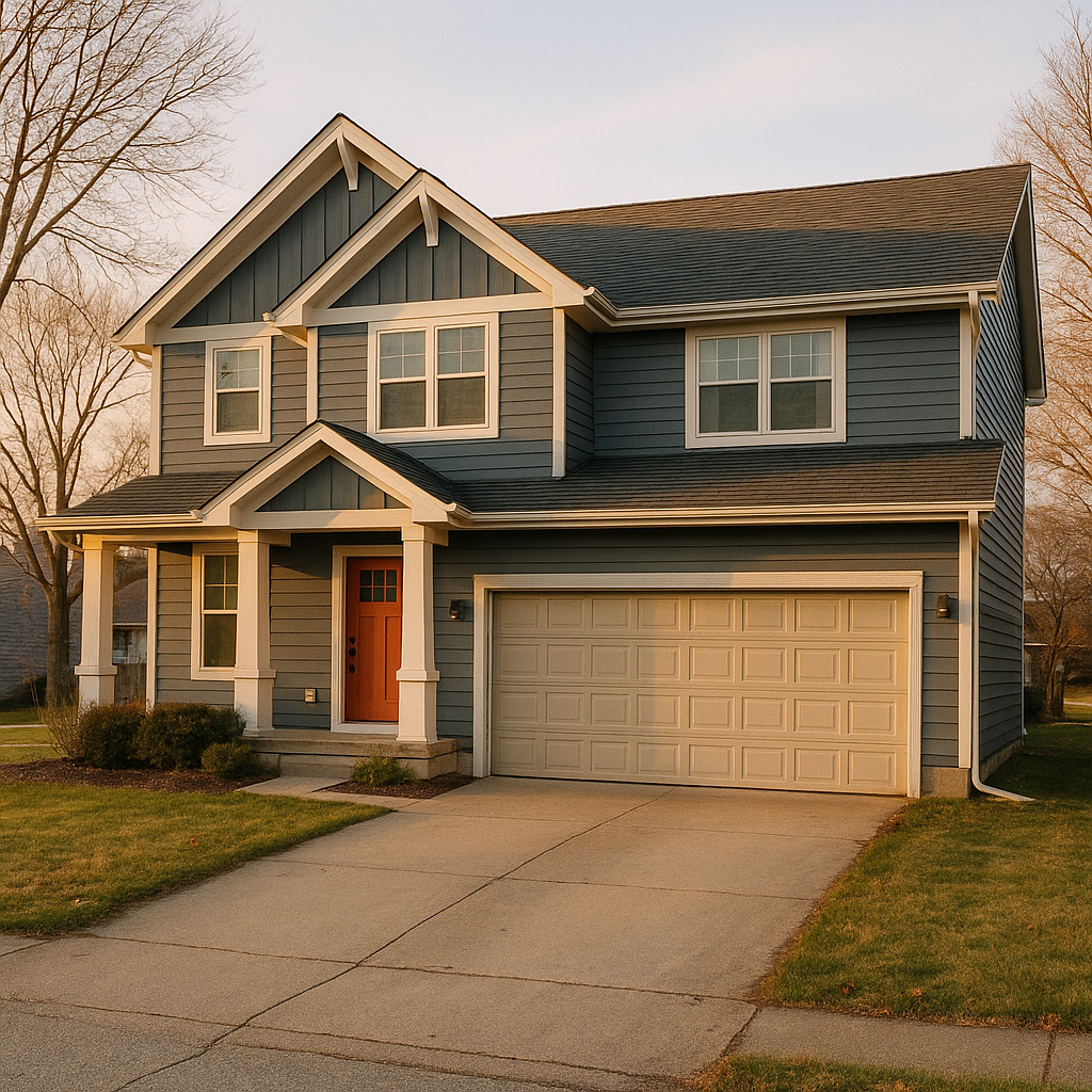 Freshly painted exterior of a two story house. Light blue siding with white trim, tan garage door, and red front door.
