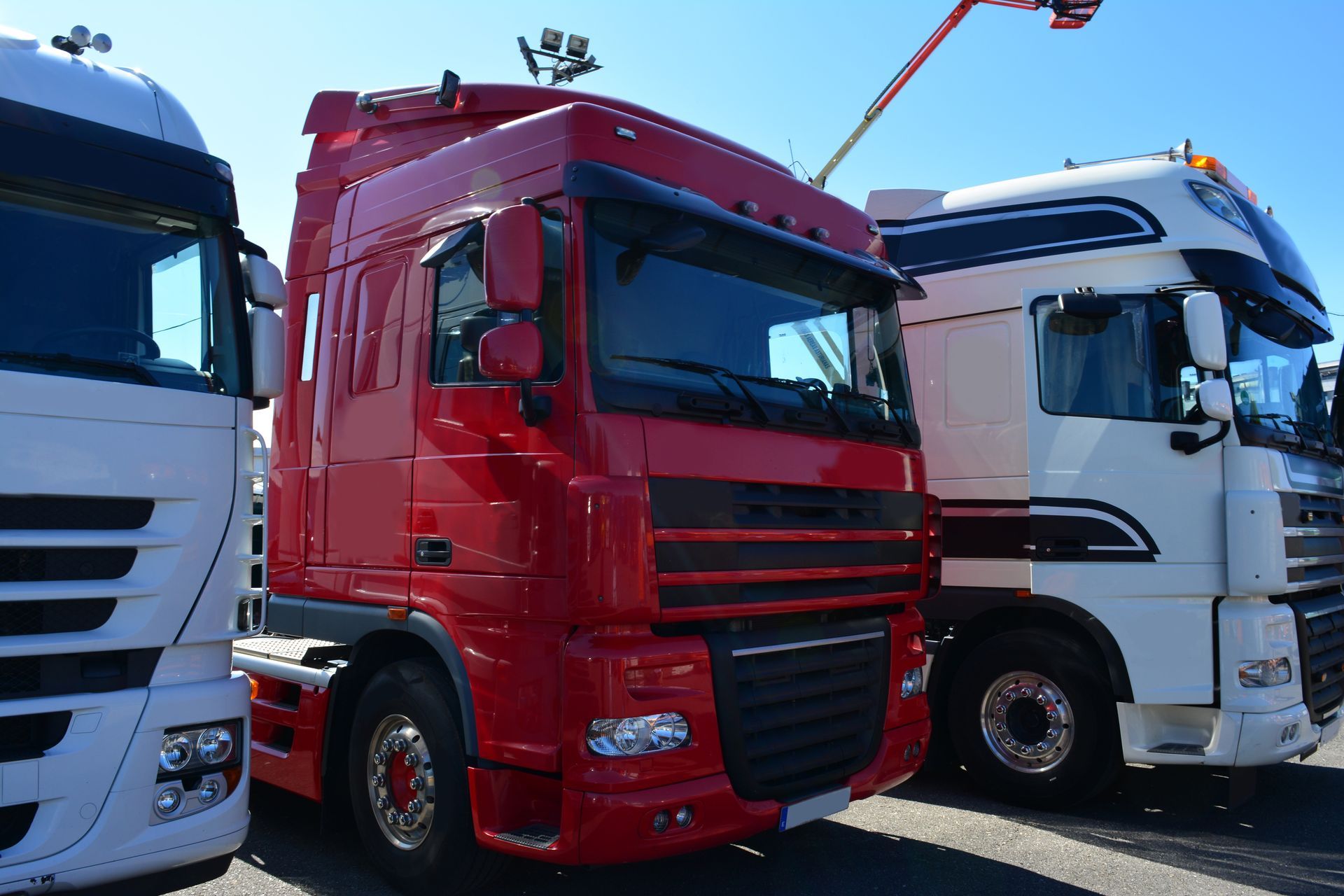 Three semi-trucks parked side by side in a lot, featuring one bright red truck between two white ones under a blue sky.