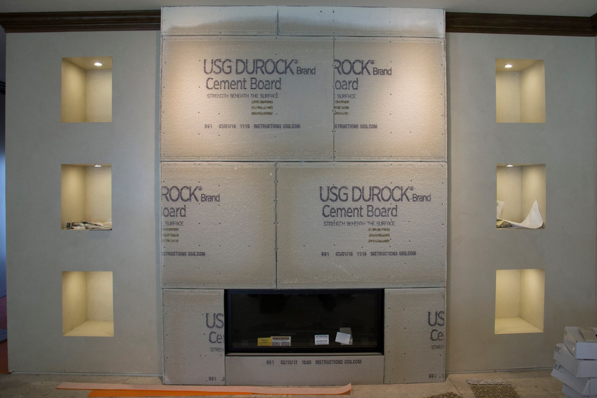 A wall with usg durock cement board on it