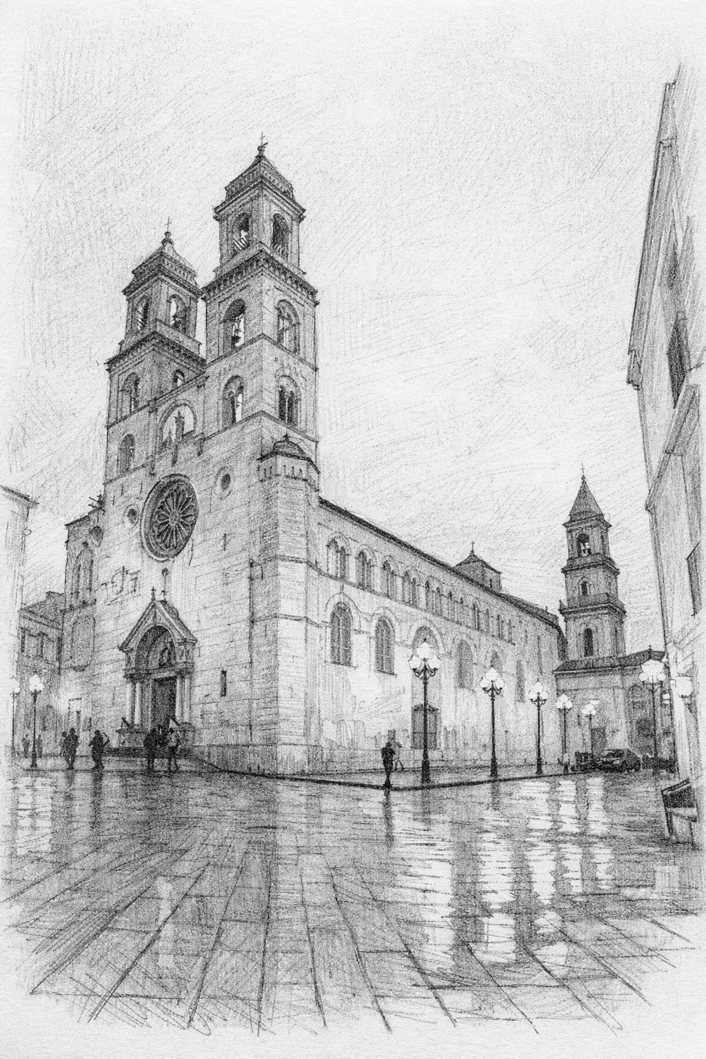 Città di Matera, Italia, con edifici storici in pietra e un alto campanile che si staglia contro un cielo azzurro e terso.