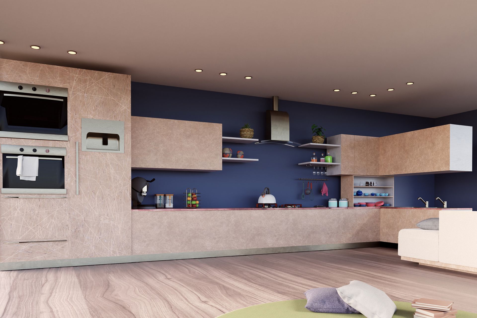 Cucina moderna con mobili in legno, parete blu navy ed elettrodomestici in acciaio inossidabile.