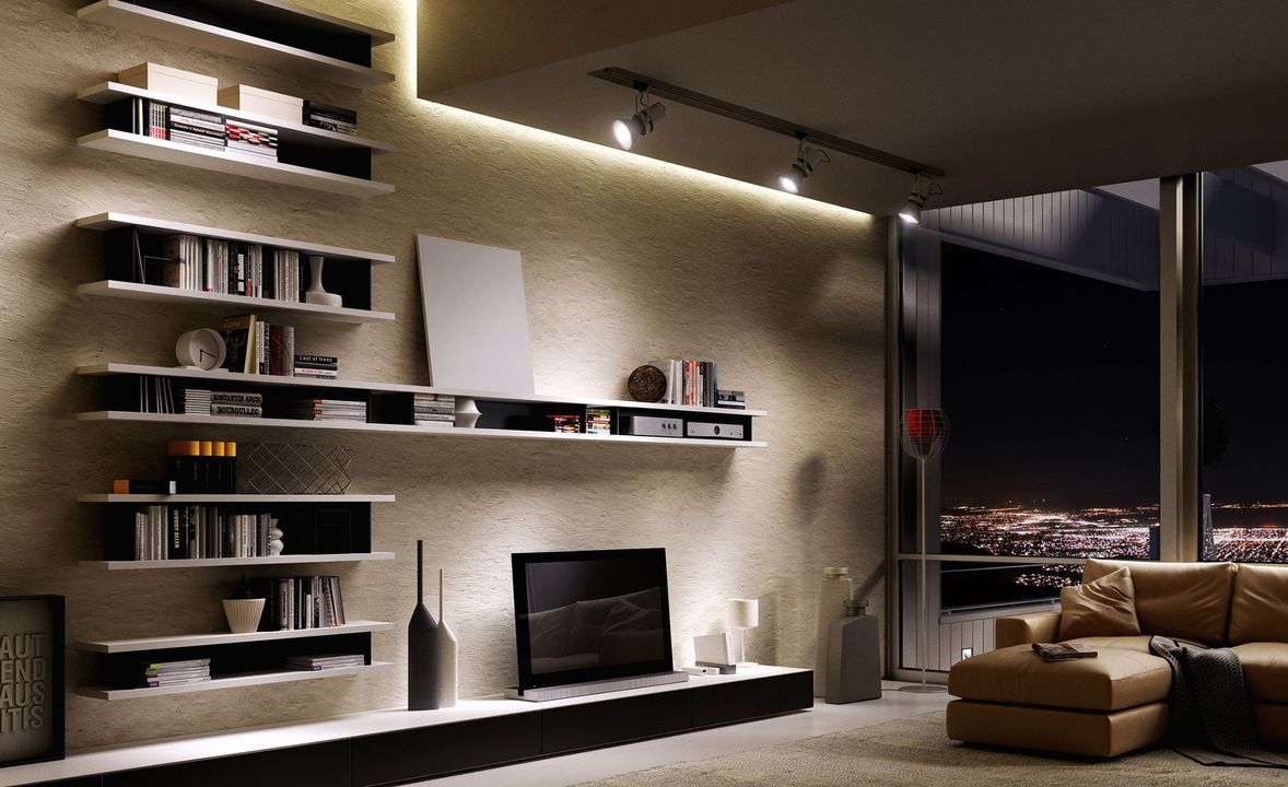 Soggiorno moderno con mensole sospese, TV e vista sulla città di notte.