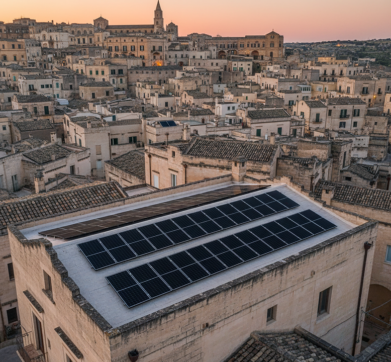 Pannelli solari sul tetto di un edificio a Matera, in Italia, con un paesaggio urbano e il sole al tramonto sullo sfondo.
