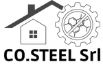 Logo per CO.STEEL Srl: casa, ingranaggio con un anello di benzene barrato e nome dell'azienda.