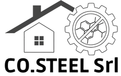 Logo per CO.STEEL Srl: casa, ingranaggio con un anello di benzene barrato e nome dell'azienda.