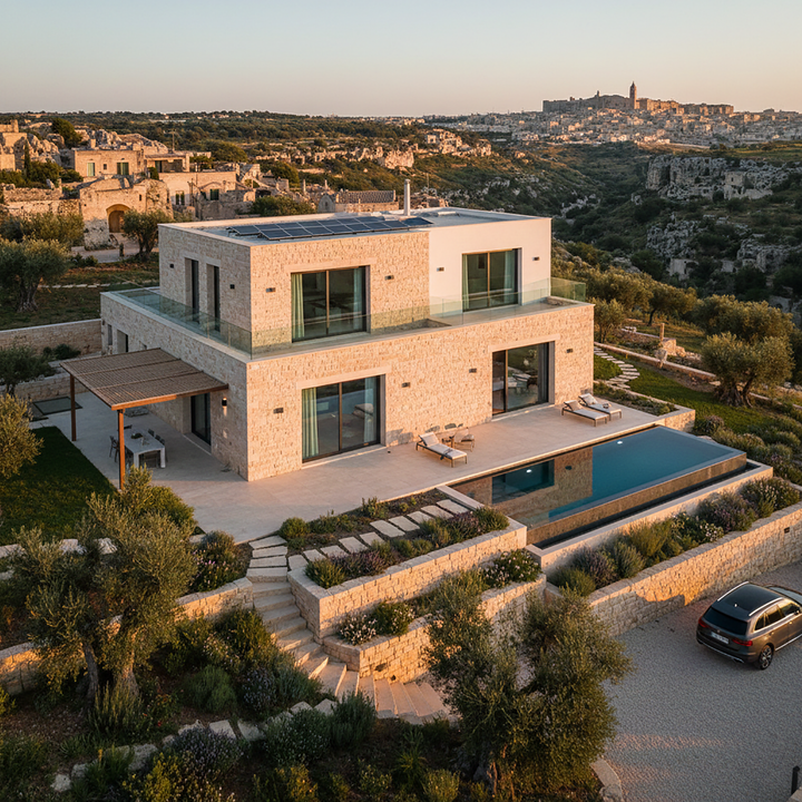 Moderna casa in pietra con piscina e vista sulla città storica e sul paesaggio.
