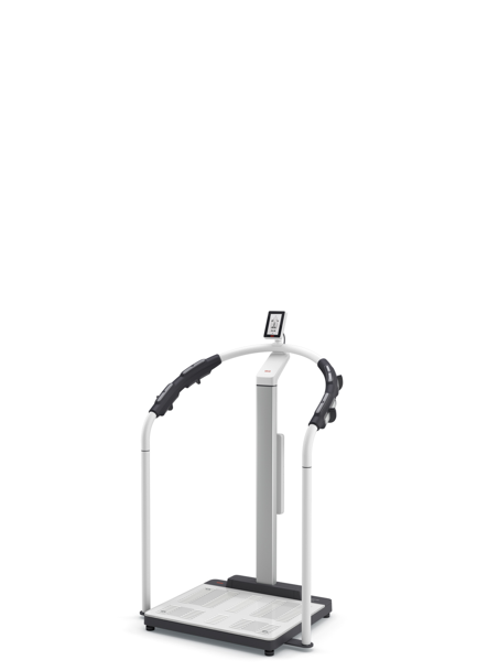 Black and silver body composition scale with handle and digital display on a white background