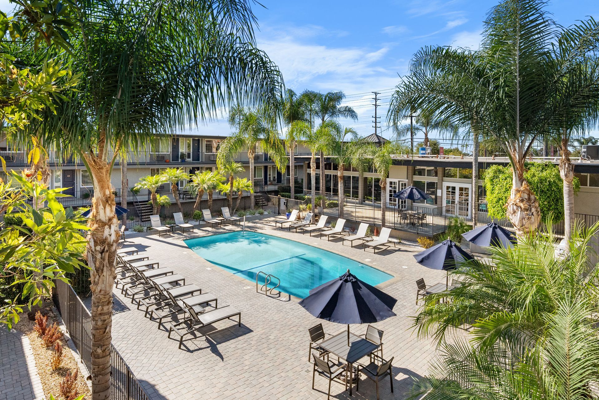 Pool from above with umbrellas and chairs