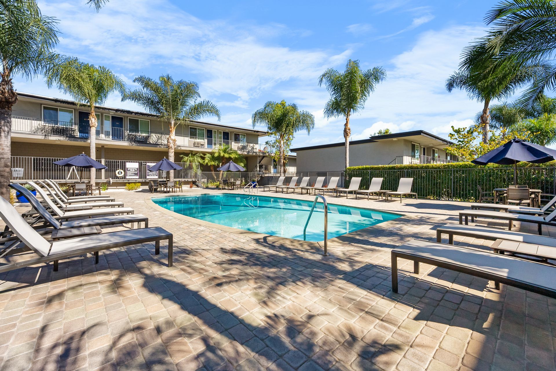Pool with palm trees and lounge chairs diagonal