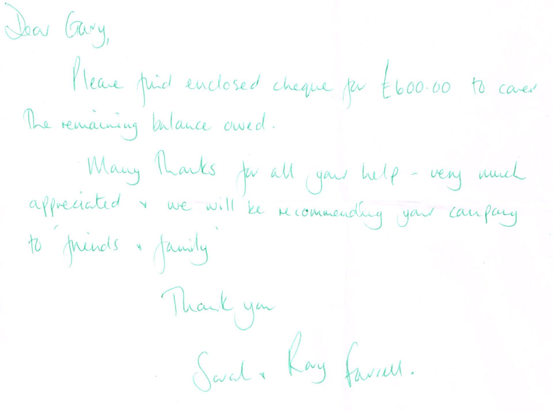 testimonial from Sarah and Ray Farrell