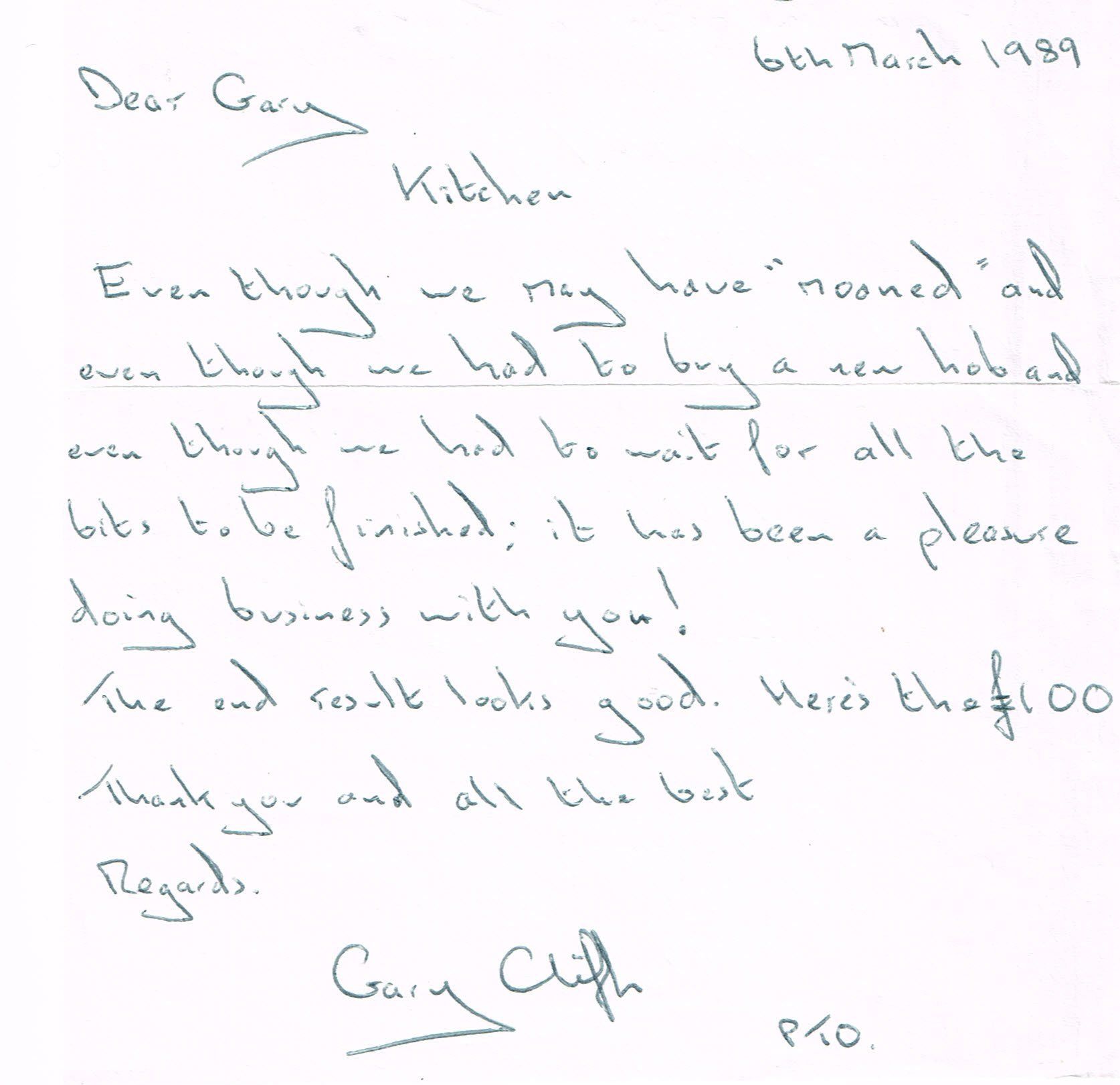 testimonial from Gary in 1989