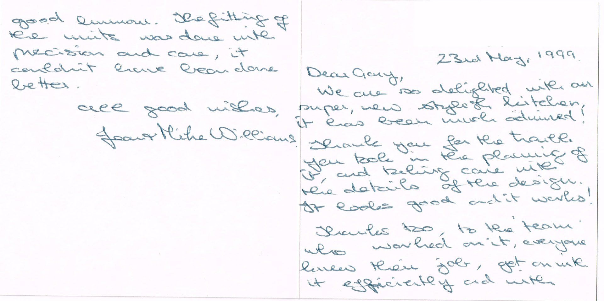 testimonial from Jean and Mike Williams in 1999