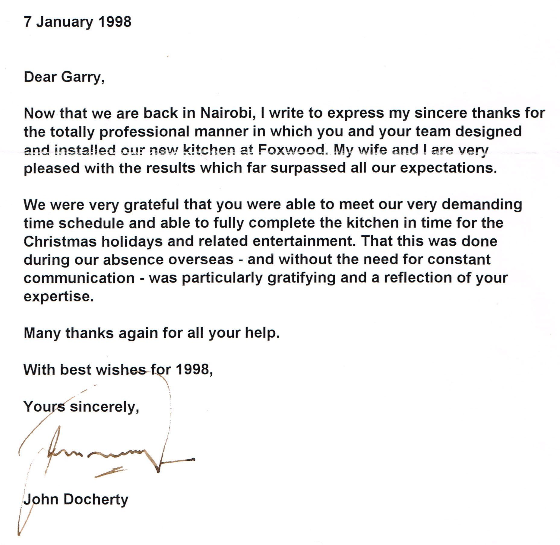 testimonial from John Docherty in 1998