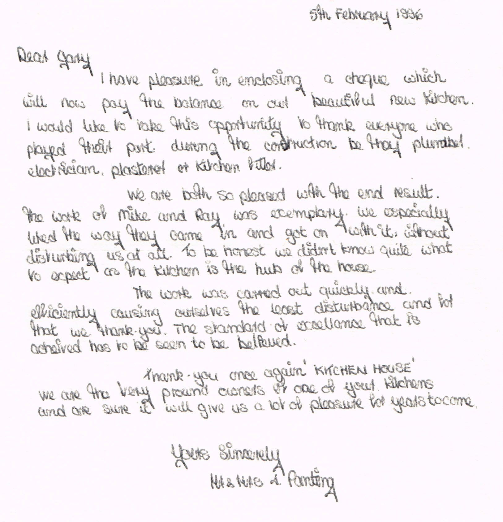 testimonial from Mrs and Mrs Panting in 1996