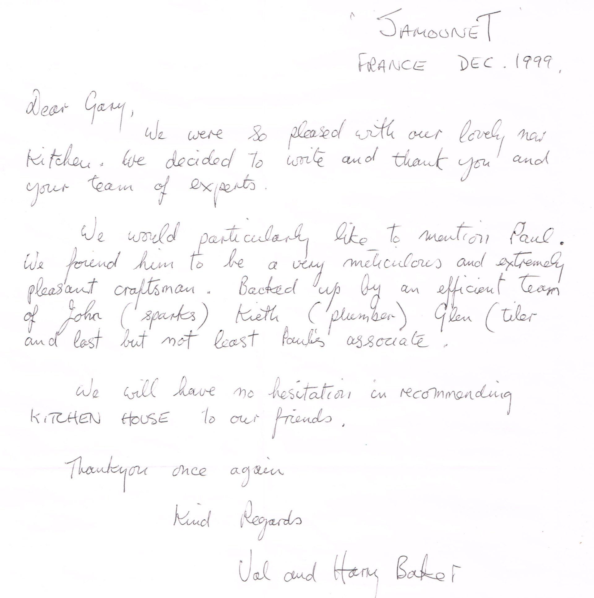 testimonial from Val and Harry Baker, 1999
