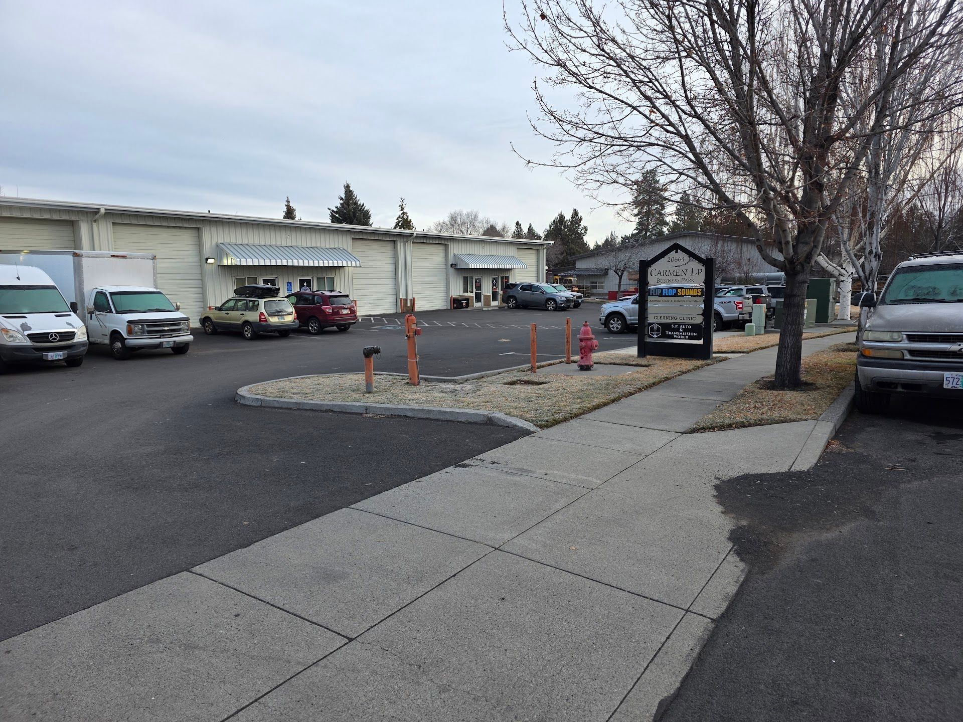 Sidewalk beside a parking lot with parked cars, a sign, bare trees, and a row of storefronts under cloudy sky | SP Auto and Transmission World