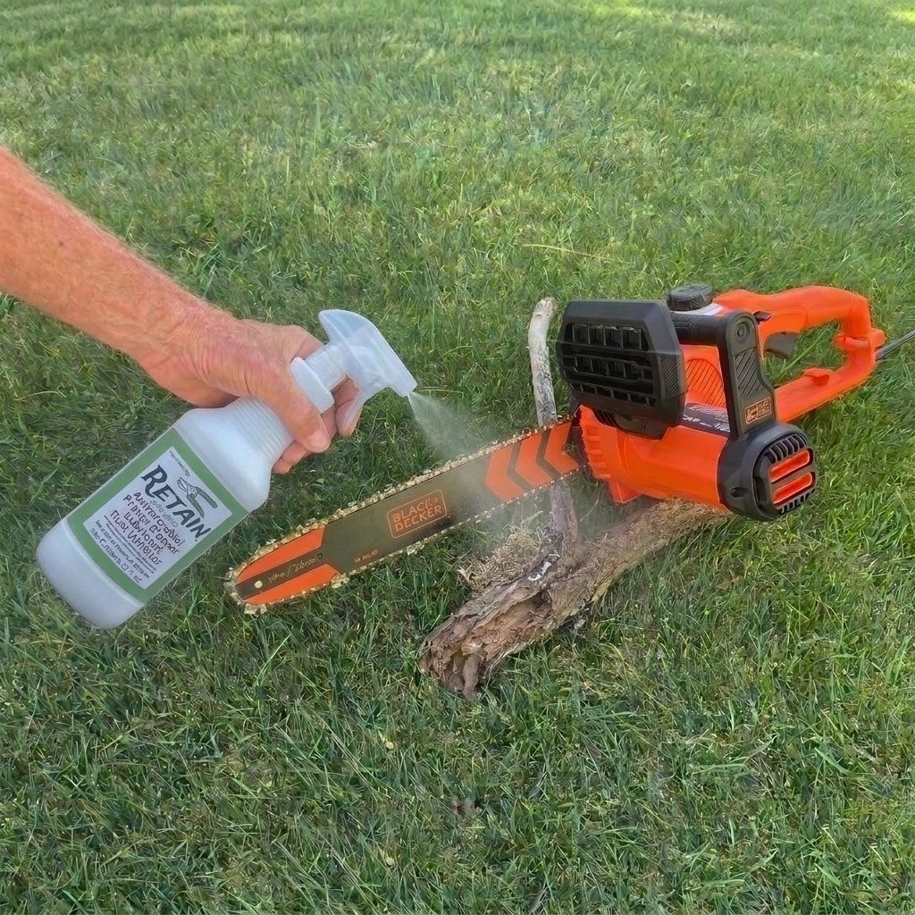 Hands spraying pruning shears with a bottle, pink flowers in the background.