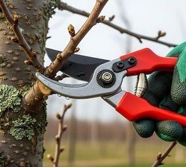 Person in blue hooded jacket trims a bush while it rains.