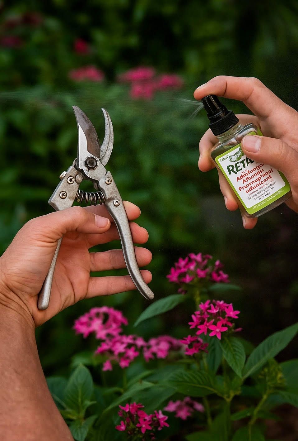 Hands spraying pruning shears with a bottle, pink flowers in the background.