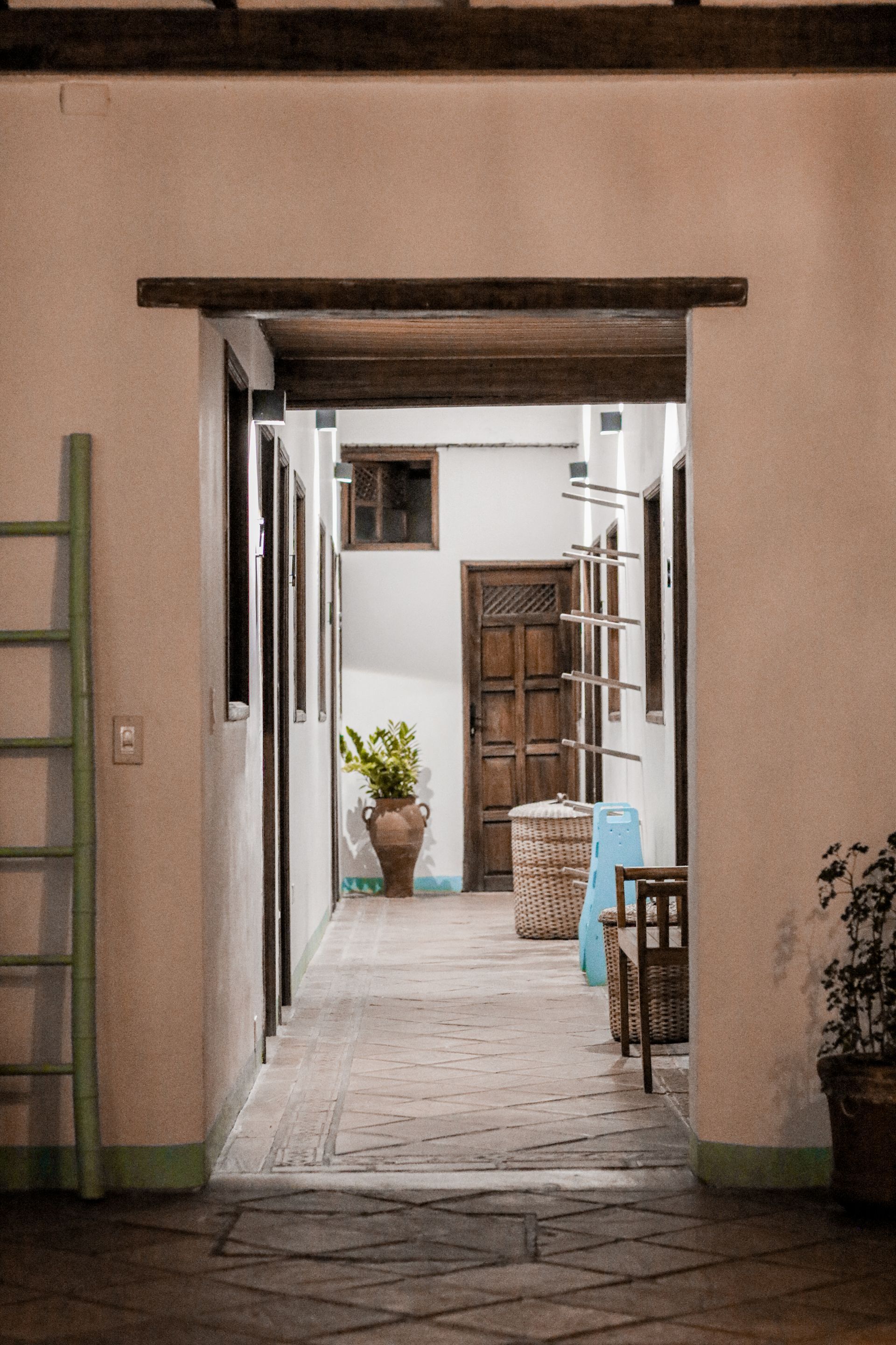 A hallway with a wooden door and a ladder