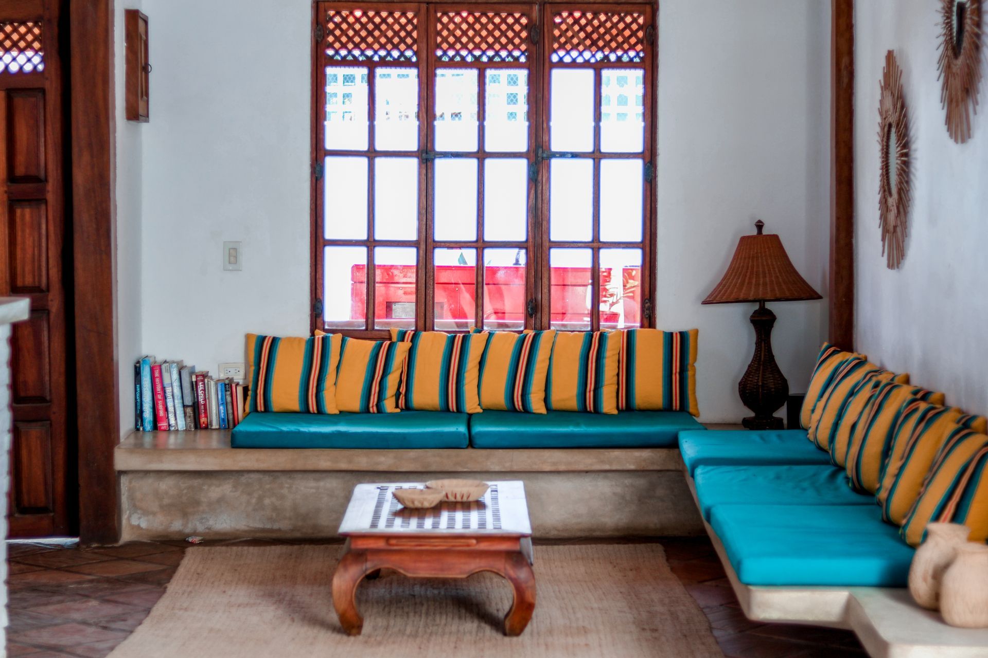 A living room with a couch and a coffee table