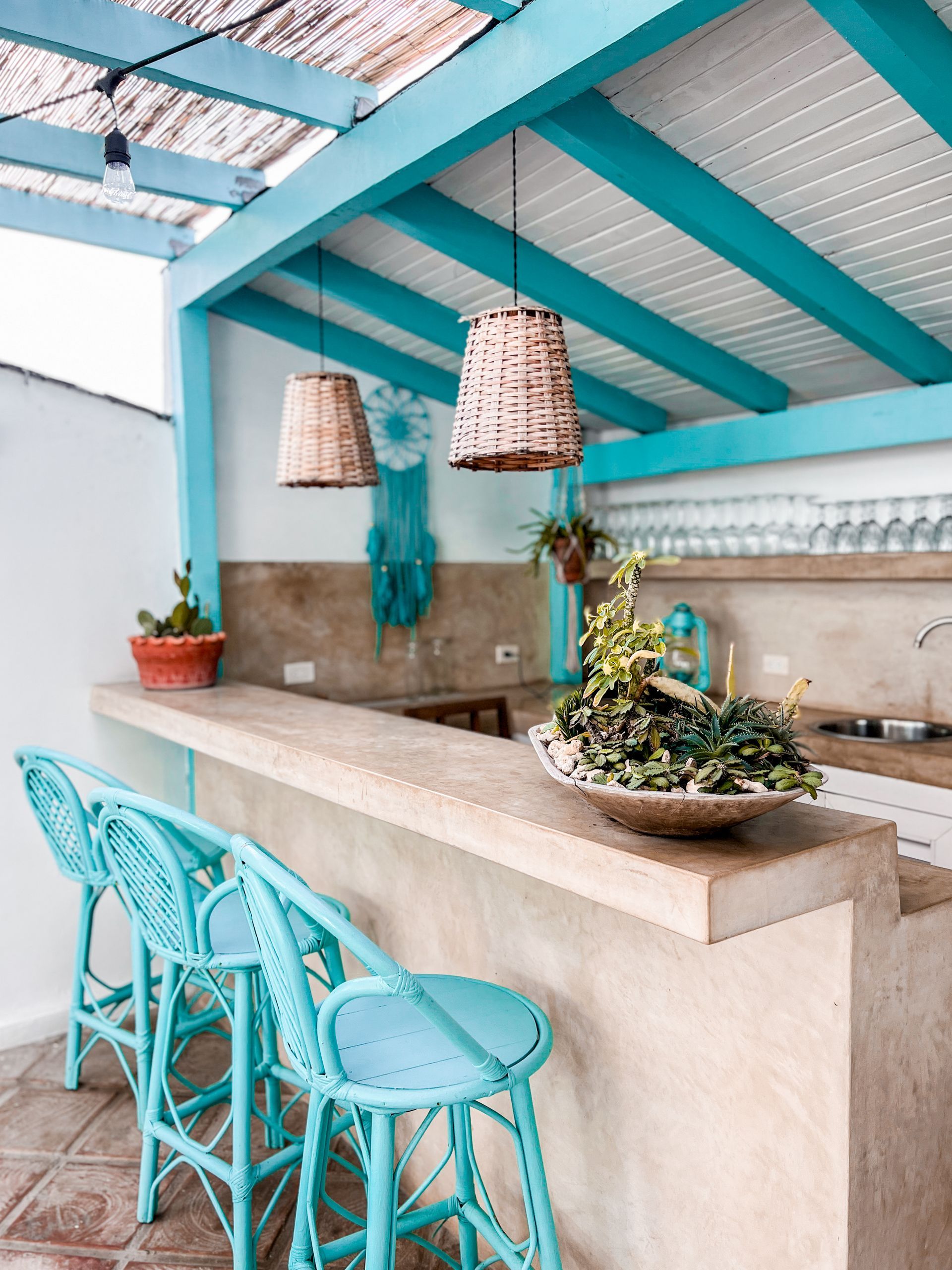 A kitchen with blue stools and a blue ceiling