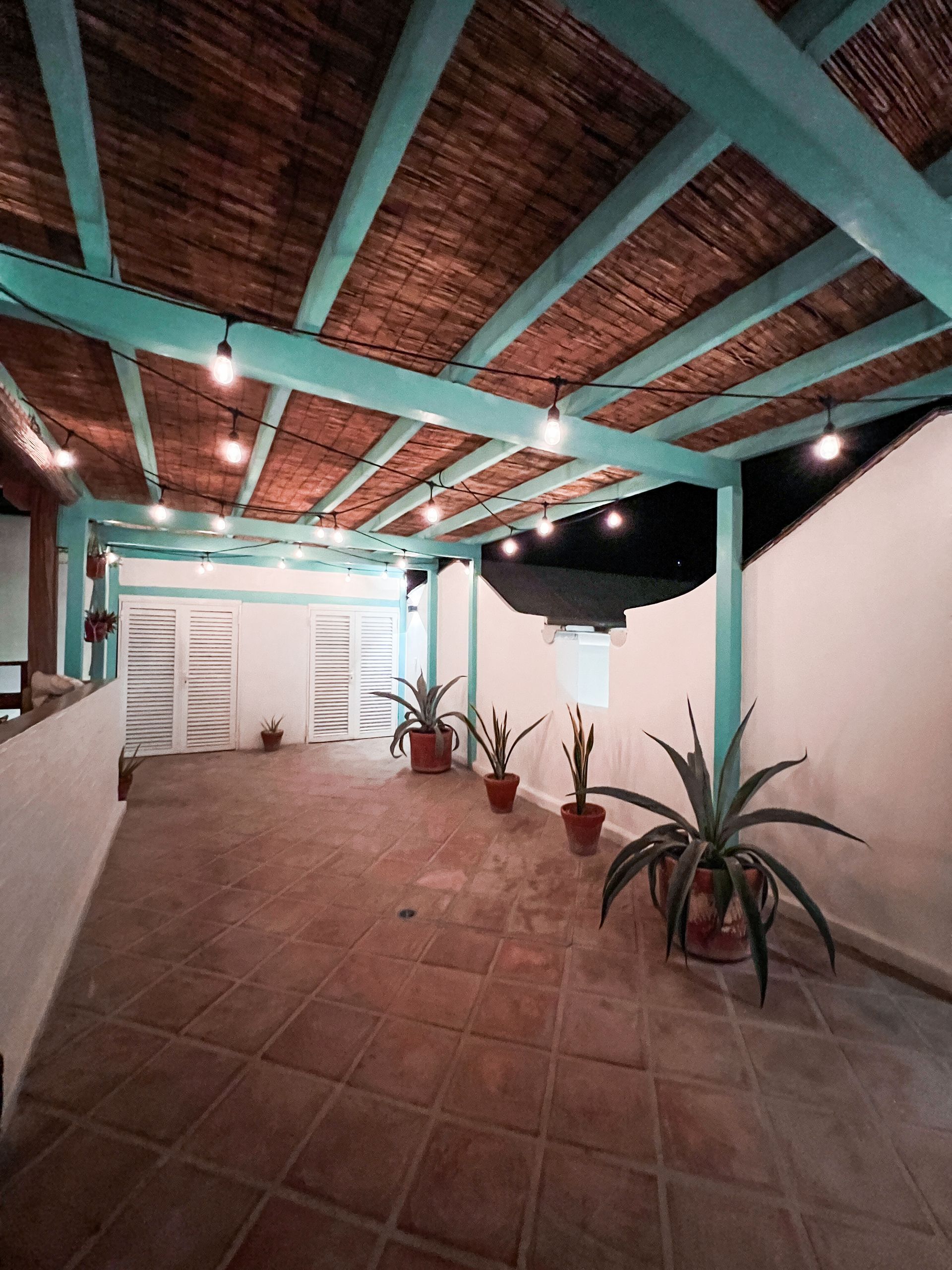A room with a roof made of thatched straw and potted plants.