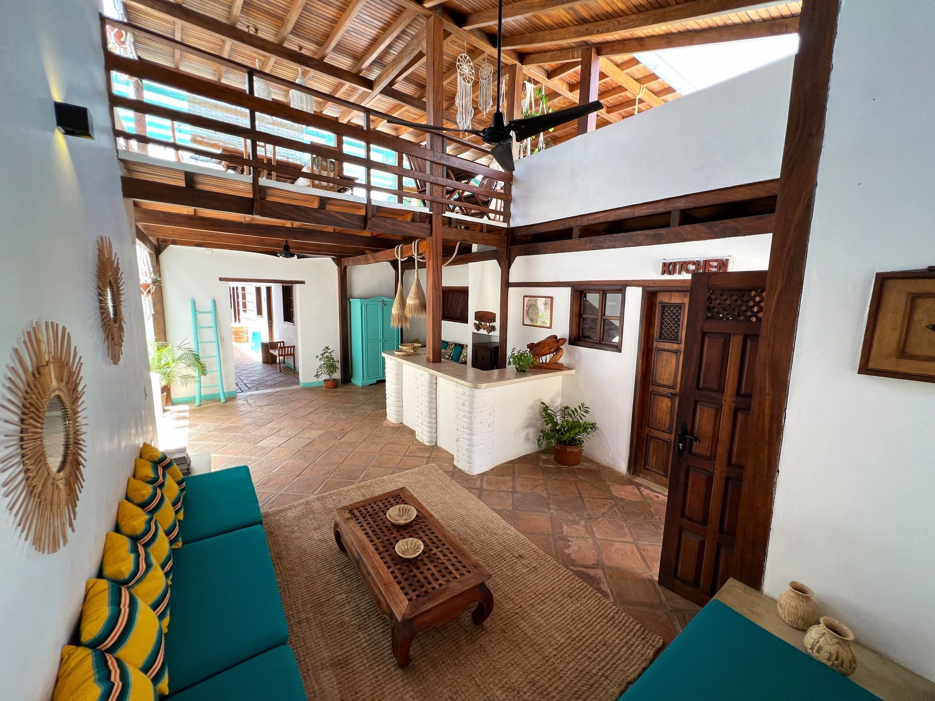 A living room with a couch and a coffee table