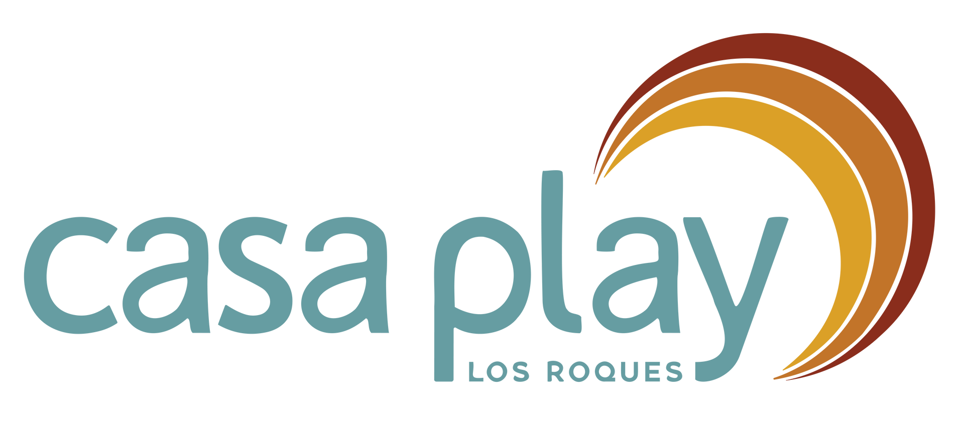A logo for casa play los roques with a rainbow in the middle