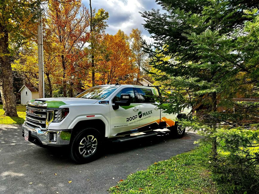 A white truck is parked in a driveway next to trees.