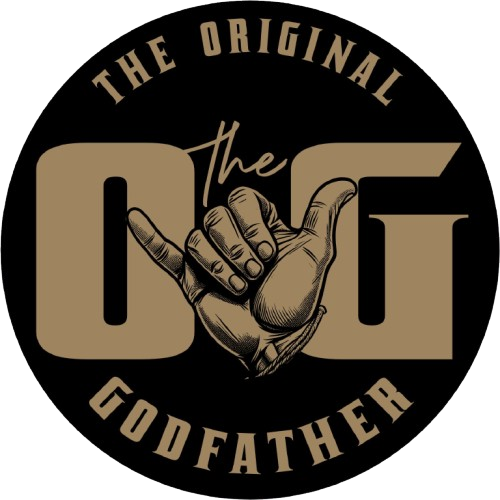 Black circle with "The Original Godfather" text, "OG" letters, and a hand making a gesture.